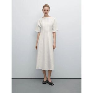 Massimo Womens Midi Linen Dress White Seams EU 34 US 2 Boat Neck 6632/586 NWT